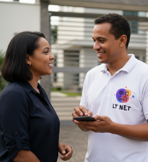 Equipe LT NET realizando instalação de internet fibra óptica